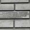 External wall, inscription panel (stating:"Sir James Young Simpson lived in this house from 1845 to 1870 and in 1847 discovered the anaesthetic power of chloroform,") detail.