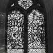 Detail of stained glass window showing Heavenly and Earthly choirs by Sax Shaw 1979.
