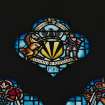 Detail of stained glass window showing Logan of Restalrig Arms.