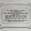 Edinburgh, Slateford Road, North Merchiston Church, interior.
View of commemorative plaque.
Insc: 'To the Glory of God and in memory of Rev. William. Kilpatrick. M.A. 1861-1951.
First minister of this Church and his wife, Mary. B. Fyfe. 1862-1940+ As the result of their devoted labours this Church and Halls were built'.