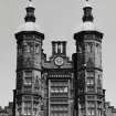 Detail of turrets and clock tower from south