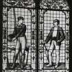 Interior.  Oyster Bar, detail of stained glass window representing Rugby and Cricket.
