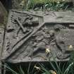 View of end of coped slab with carved figure,  the Howff burial ground, Dundee,