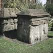 View of sarcophagus of Dr David Kinloch with unidentified chest tomb, the Howff burial ground, Dundee,