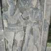 Detail of tablestone 1627 showing figures of man and wife,  the Howff burial ground, Dundee,