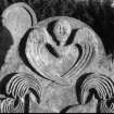 Detail of headstone to Margaret Couty d.1765 with winged soul, Glamis St Fergus's Church burial ground.