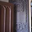 View of grave slab 1741 with angels, winged souls and weavers tools, Liff Old Parish Church.