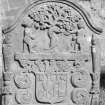 View of 'Ritchie' gravestone 1710, showing Adam and Eve and serpent, Lundie Parish Churchyard.