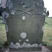 View of Headstone to William Petrie d. 1736 with skull and crossbones Maryton Parish Churchyard.