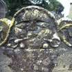 Detail of headstone to David Brown d. 1743 with Green Man, Menmuir Parish Churchyard.