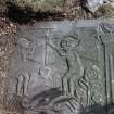 Detail of gravestone c. 1730 with resurrection scene, Menmuir Parish Churchyard.