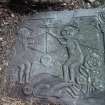 View of gravestone with resurrection scene, Menmuir Parish Churchyard.