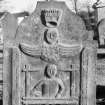 View of headstone to James Hog d. 1778 showing weaver and loom, Monikie  Parish Churchyard.