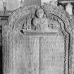 Detail of headstone to John Morgan d. 1756 showing merchant and scales, Monikie  Parish Churchyard.