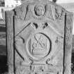 View of headstone to Robert Wat d. 1733 with tailor's tools, Monikie  Parish Churchyard.