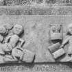 Detail of tablestone to John Jobson d. 1720 showing deathbed scene, Newtyle  Parish Churchyard.