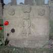 View of headstone to Andrew Anderson d. 1744 showing child and crown of righteousness, Panbride Parish Churchyard.