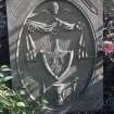 View of headstone to John Young d. 1831 with spade, hourglass and turfcutter, Abernethy Parish Churchyard.