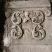 View of  carved graveslab 1717 with trees and crest, Abernethy Parish Churchyard.