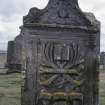 View of headstone to Thomas Small, minister d.1773 with winged soul and book on lectern, Coupar Angus Parish Church burial ground.