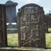 View of headstone John Campbell 1762 with Adam and Eve carvings, Little Dunkeld Parish Church burial ground.