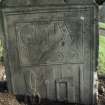 View of headstone to Charles Millar and Janet Wright 1753 with tailor's emblems, Forgandenny Parish Church burial ground.