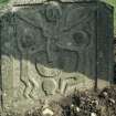 View of headstone to W H 1729 with primitive resurrection scene, Forteviot Parish Church burial ground.