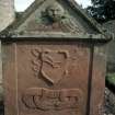 View of headstone to Anna Williamson d. 1790 with winged angel and plough, Forteviot Parish Church burial ground.