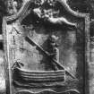 View of headstone to John Duff and Mary Murray 1782 with image of ferryman at Perth Bridge, Kinnoull Old Parish Burial Ground.