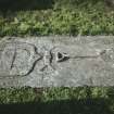 View of tablestone 1706 with sexton's shovel,  Rhynd Old Parish Church burial ground