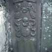 View of  headstone with trumpeting angels and heraldic shield, Monzie Parish Church burial ground.