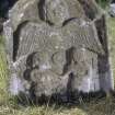 View of headstone to Catherine Dwar d. 1729, west face with Adam and Eve, Dundurn/ (St Fillans Comrie ?) burial ground.