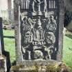 View of headstone to Mitchell children showing Adam and Eve and intricate carvings, St Martins  Parish Church burial ground.