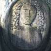 Detail of headstone to Thomas Murray d. 1807, portrait with wig and cravat, Scone Old Parish Church.