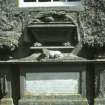 View of mural monument to James Ritchie,farmer d. May 1840 with carved animal, Tibbermore Parish Kirkyard.