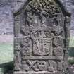 View of 'Ritchie' gravestone 1710, showing Adam and Eve and serpent, Lundie Parish Churchyard.