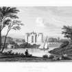 Fyvie Castle.
Photographic copy of general view from South with lake, boat, man, swans and border.
Titled: 'Fyvie Castle Aberdeenshire'